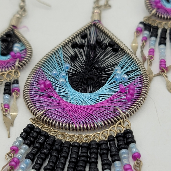 Boho Thread Art Necklace & Earrings Set Beaded Fringe Festival Jewelry Vintage - Picture 8 of 14